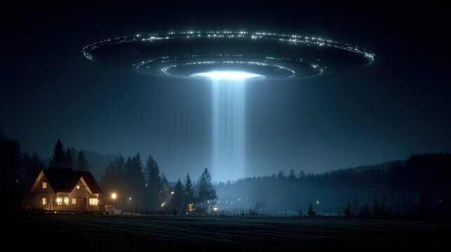 A large unidentified flying object hovers over a rural landscape with a beam of light descending, creating an otherworldly, unexplained spectacle