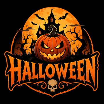 Halloween illustration with a scary pumpkin, haunted house, and full moon