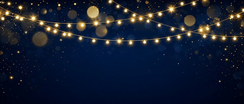 Festive golden string lights on dark blue background