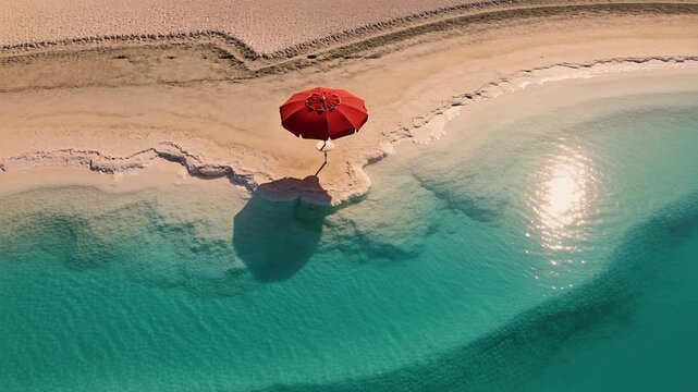 Shifting drone revealing red beach umbrella on sand mound near blue water, showing changing shadow