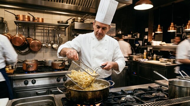 Professional chef in white double-breasted jacket and tall toque carefully lowers wire basket of golden potato strips into hot oil in busy restaurant kitchen