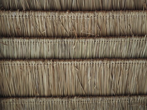 symmetrical, close-up photograph of a traditional thatched roof made from layered dry straw or reed materials. The repeating horizontal pattern and natural golden-brown texture create a clean abstract