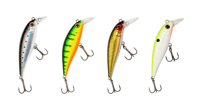 Set of colorful hard minnow fishing lures with hooks, concept of angling bait isolated on transparent background.