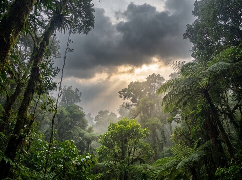 Tropical Rainforest Under Dark Monsoon Storm Clouds Background