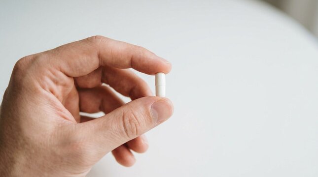 Close-up of a hand delicately holding a single white capsule pill against a clean white background with soft lighting and shallow depth of field