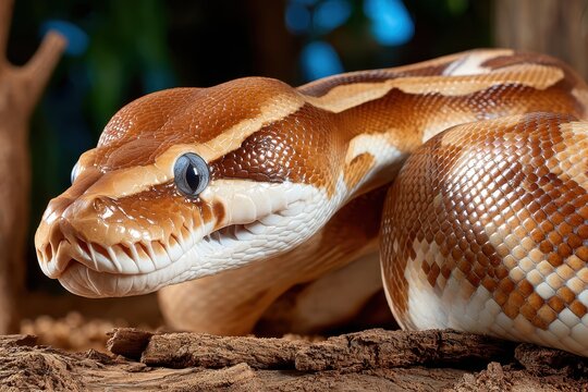 Intimate close-up showcases the intricate patterns of a royal python, highlighting its unique scales and captivating eyes, creating a stunning portrait of this beautiful snake