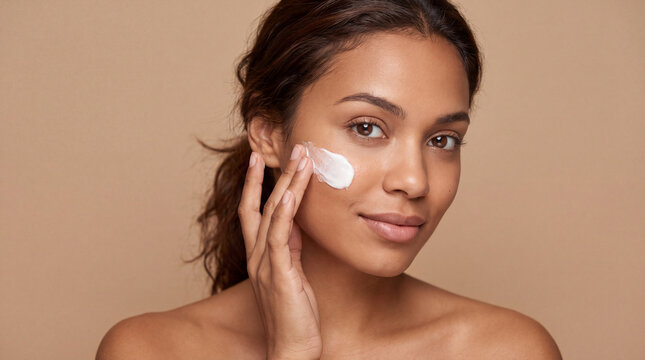 Young woman applying facial cream to her cheek, showcasing a natural skincare routine against a neutral background