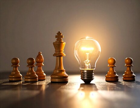 Leuchtende Gl&uuml;hbirne neben Schachfiguren auf dem Spielbrett als Symbol f&uuml;r innovative Strategien und smarte Probleml&ouml;sung im Business