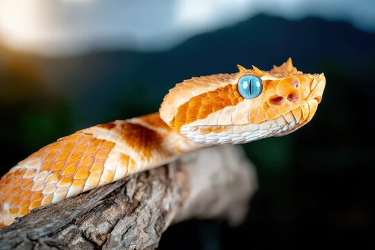 A close-up captures the intricate details of a viper, highlighting its vibrant orange scales and captivating blue eyes, alluding to its potent venom and unique serpentine beauty