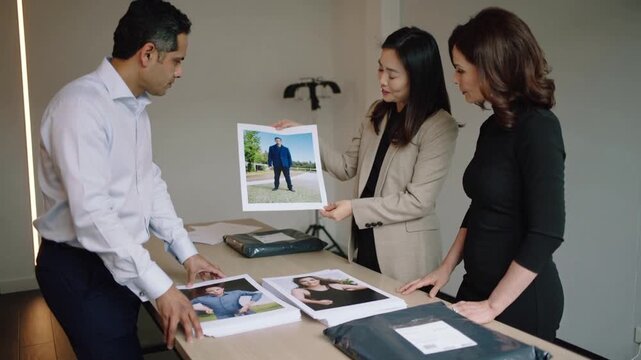 Picking print, woman in blazer showing portrait in office colleagues checking mailers for approval