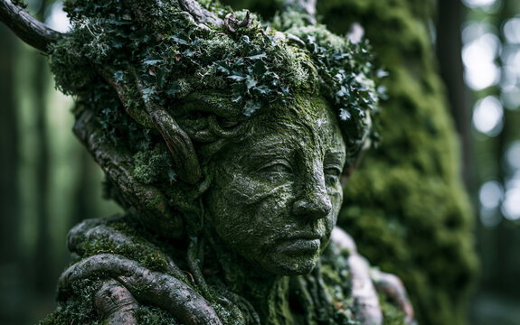 Ancient stone statue of woman covered in green moss, forest roots standing in woods. Mystical dryad fairy sculpture personifies nature spirit.