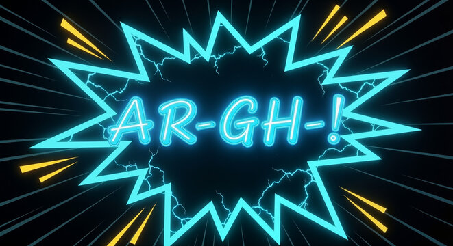 A vibrant blue neon sign exclaiming 'AR-GH-!' in a comic book style with explosive lines.