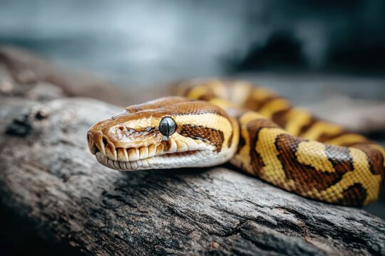 This detailed close-up captures the intense gaze of a reticulated python as it rests on a log, showing off its distinctive and intricate patterns