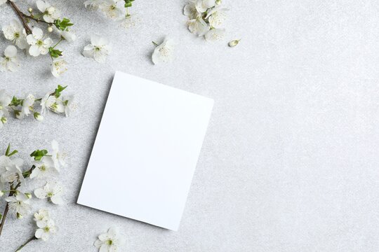 Top view of cherry blossoms and white paper card, spring flower background, flat lay, copy space