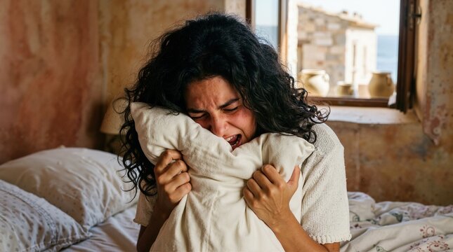 Frustrated young woman crying into a pillow on bed. Distressed teenage girl expressing anger and sadness in bedroom