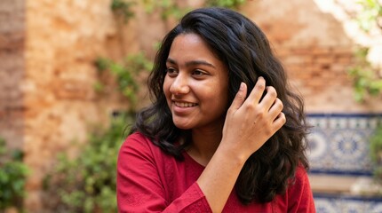 Naklejka premium Smiling South Asian teenage girl brushing her wavy dark hair with her fingers. Young female in a red top outdoors by a brick wall