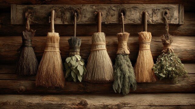A row of rustic brooms and dried herb bundles hanging from a wooden rack against a log cabin background.