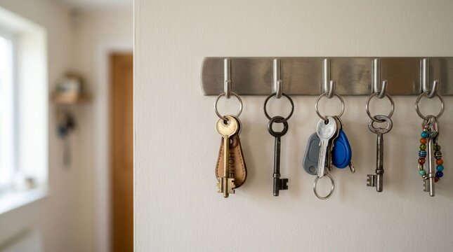 Neat row of keys hanging from brushed metal wall hook against pale painted plaster, shallow depth of field, home interior detail