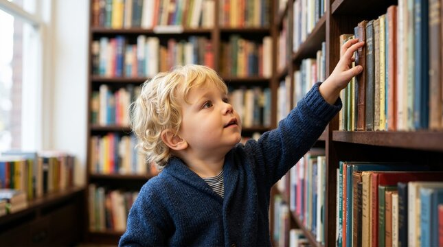 Curious blonde toddler reaching for a book on a library bookshelf. Little child in a blue cardigan exploring books in a study