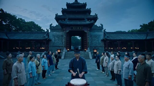 Raising sticks, male drummer in dark robe and hat leading ritual, striking drum in temple courtyard