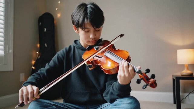 Starting teen practicing violin at home, bowing strings with case lights, black hoodie, blue jeans