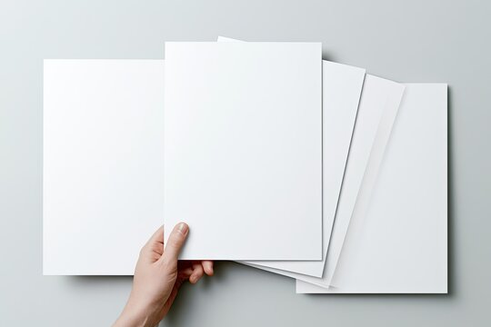 Hand holding blank white pages against a clean, neutral background