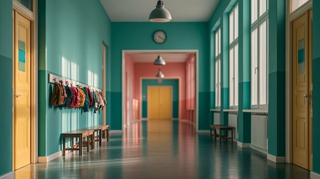 School hallway with teal walls, yellow doors, and colorful backpacks hanging on hooks