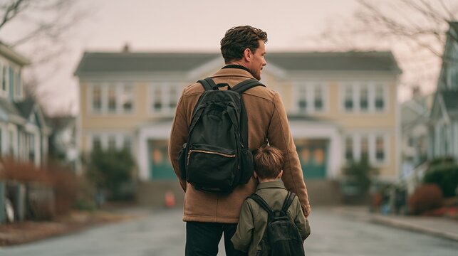 Father and Son Walking to School with Backpacks in Neighborhood