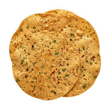 A stack of crispy roasted masala papadum crackers isolated on transparent background