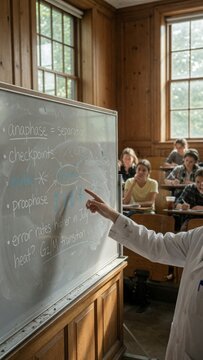 Female lecturer in white lab coat pointing to handwritten biology notes about cell cycle phases on chalkboard during university lecture with attentive students in classroom