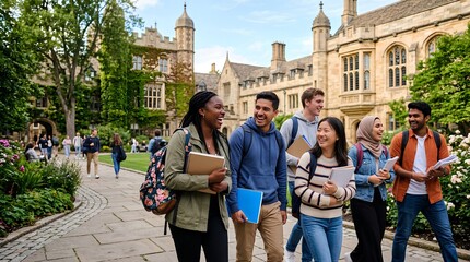 Fototapeta premium Diverse group of cheerful university students laughing and chatting outdoors on a sunny historic campus, holding notebooks, textbooks, and folders while walking together