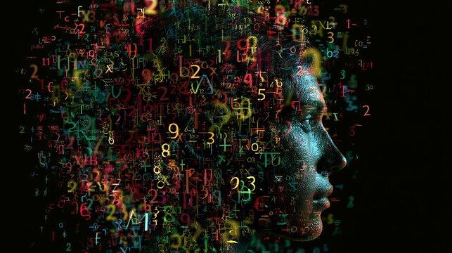 Abstract portrait profile merging a human face with vibrant digital data streams, concept illustrating the intersection of technology and human intellect