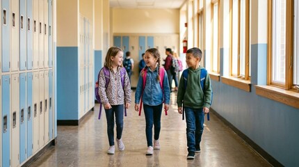 Fototapeta premium Three smiling elementary school children walking together down a bright school hallway lined with blue lockers, backpacks on, joyful friends returning to class