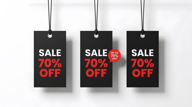 Three black sale tags hanging against a white background