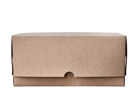 Closed brown kraft cardboard box isolated on transparent background front view