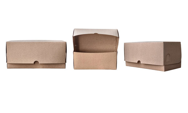 Kraft paper box mockup set isolated on transparent background different angles and open closed views