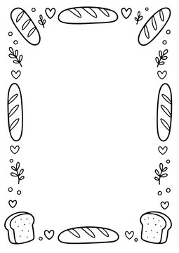 Bakery border frame illustration featuring hand drawn loaves of bread hearts and leaves on a plain white background design