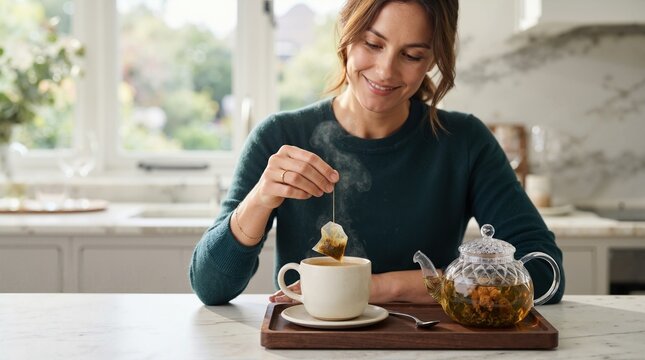Smiling woman dipping a tea bag into a ceramic mug. Cozy morning tea ritual in a bright kitchen. Healthy lifestyle concept
