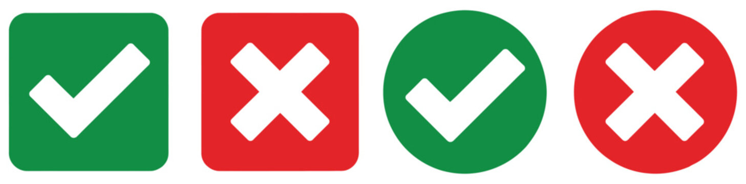 Check mark icon set buttons with green approval and red decline symbols for confirmation selection decision making and interface design