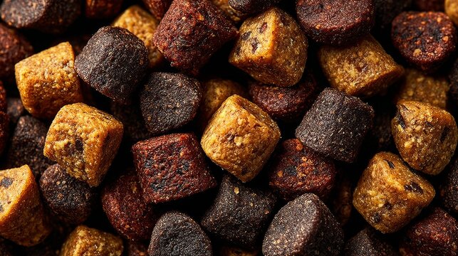 A close up view of mixed dry pet food kibble pieces in various brown shades against a dark background.