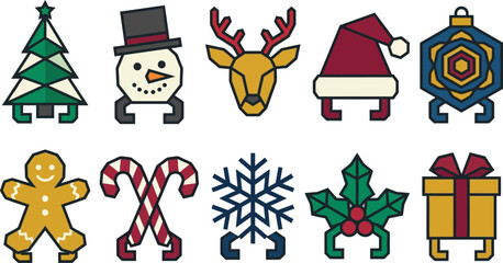 Fototapeta premium Geometric Christmas Icons with Festive Elements Vector Illustration