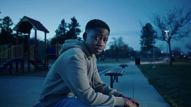 Staring teen in gray hoodie lowering head on bench at dusk by playground, processing emotion