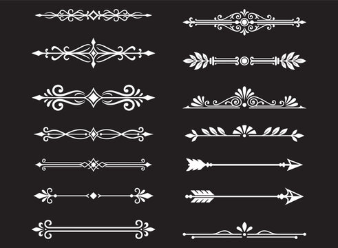 Elegant white filigree dividers and arrow borders on black background for luxury branding.
