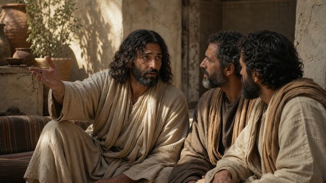 Man with long dark hair and beard gesturing while instructing two bearded disciples in sunlit courtyard. Biblical teaching and preparation for Passover concept for religious education and Easter