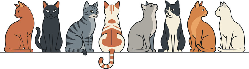 Fototapeta premium Flat vector illustration banner of diverse cat breeds and colors sitting in a row on a shelf isolated on white background