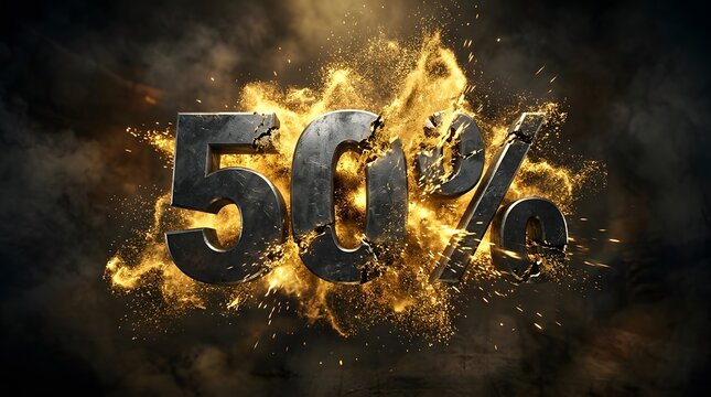 Explosive 50% discount sign with golden particles