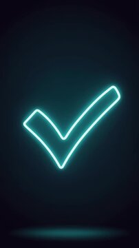 Neon checkmark icon, glowing outline, dark background