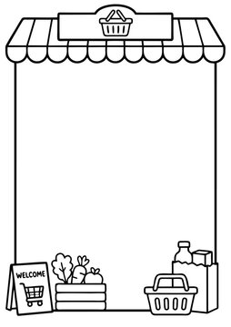 Grocery store border frame featuring a shopping basket awning, fresh produce, welcome sign, and paper bag for retail design
