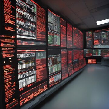 Red critical system failure alerts on dark monitoring screens in empty control room copy space