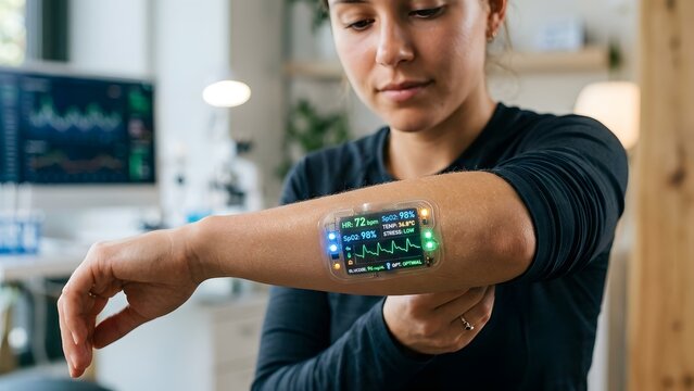 A person wears a futuristic wearable medical device on their arm displaying vital signs like heart rate and oxygen saturation.